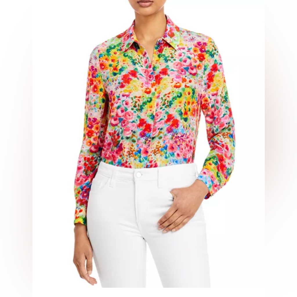 Alice + Olivia Willa Floral Print Silk Shirt In Garden Floral Msrp $330